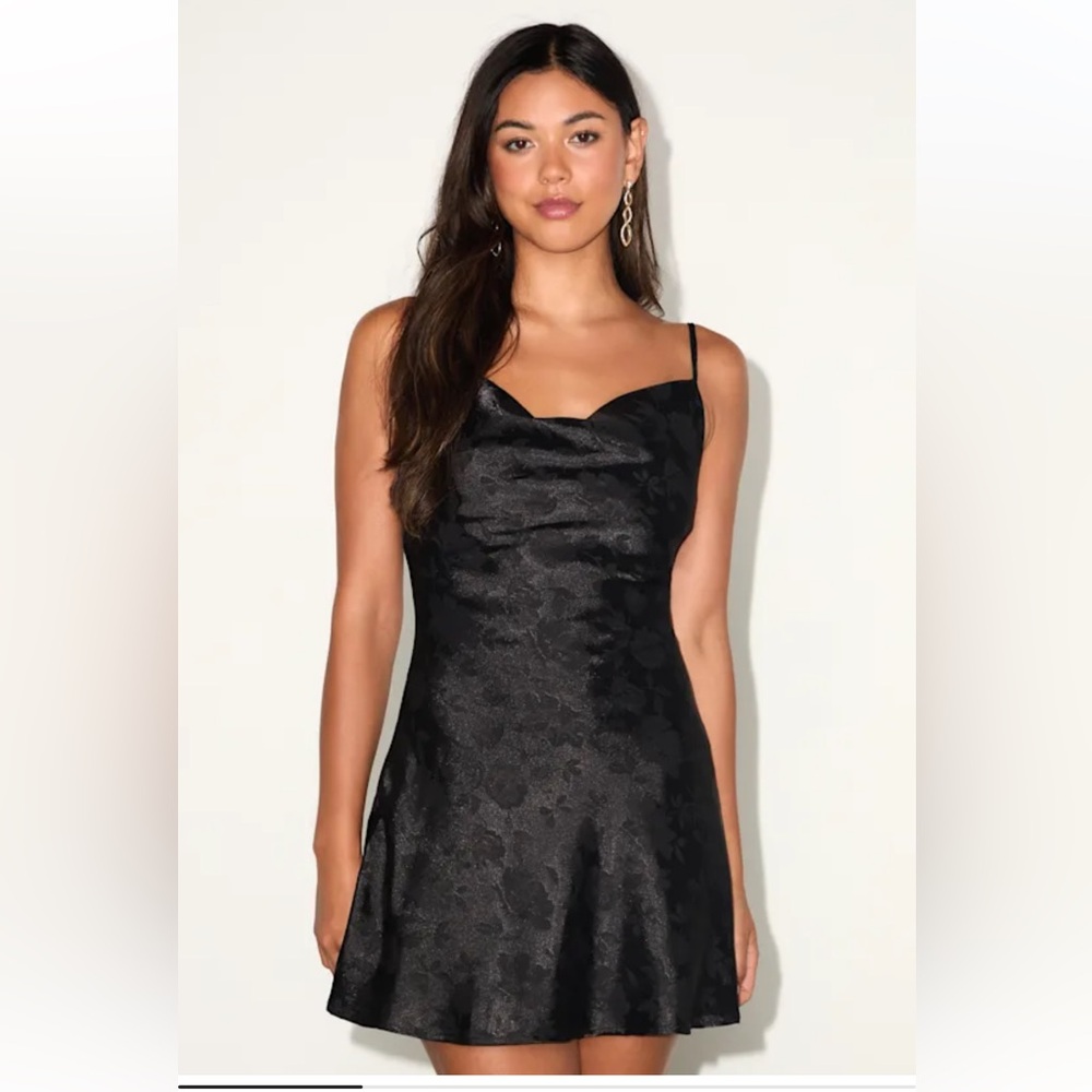 Lulu's Black Floral Jacquard Cowl Slip Mini Dress